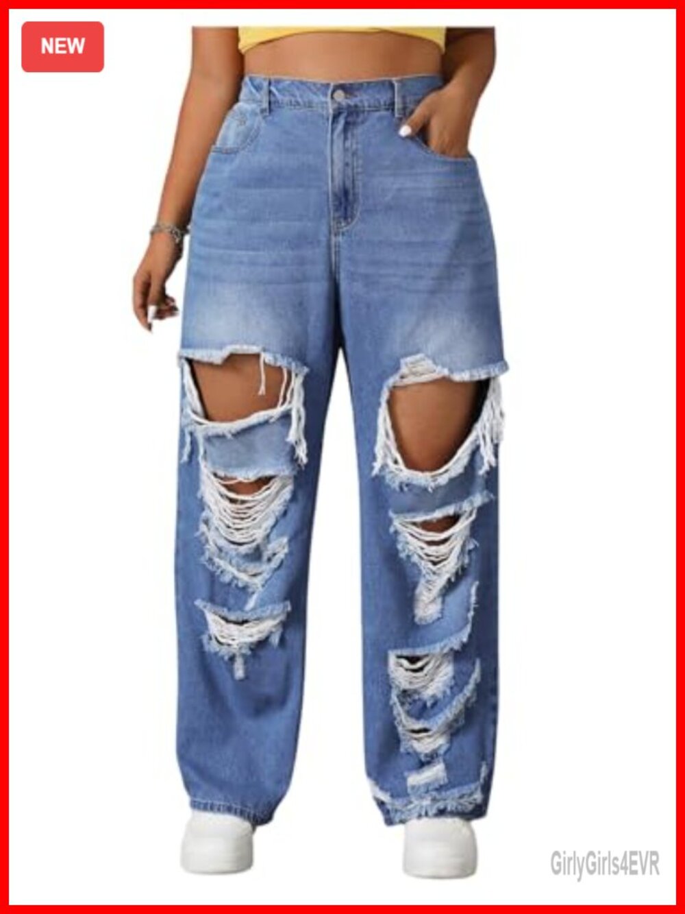 Plus Size High Waist Distressed Jeans Straight Leg Loose Denim Pants